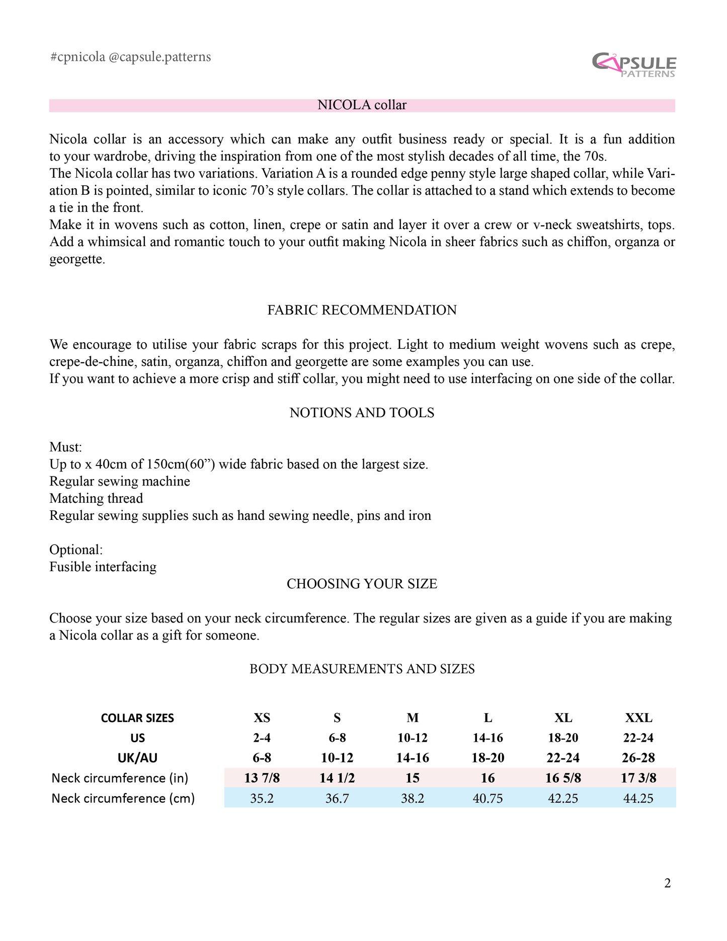 Nicola collar PDF Sewing Pattern